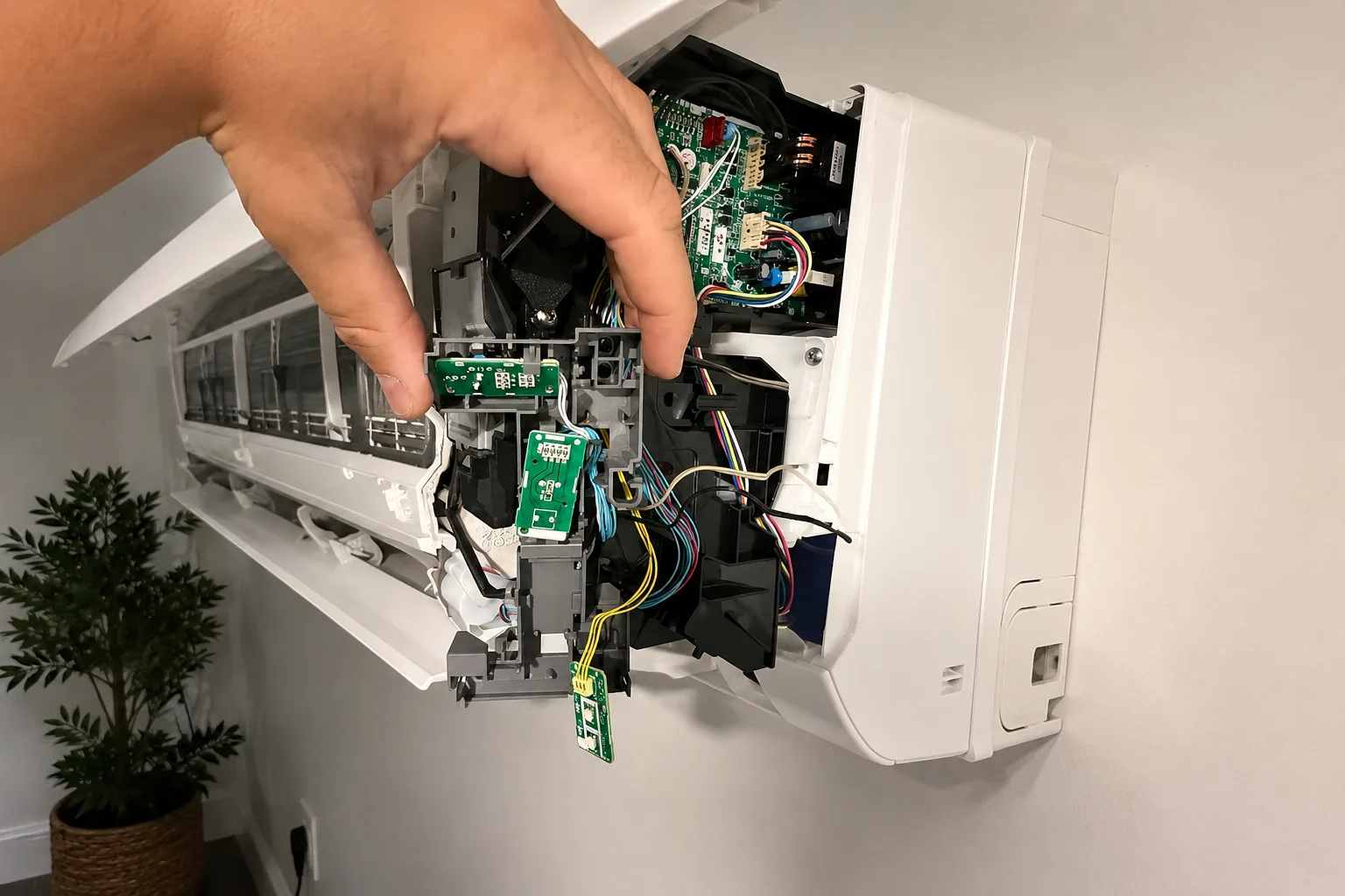 Indoor unit opened during fault diagnosis at a Coffs Harbour property, with a technician's hand holding the front assembly clear of the exposed control boards and wiring looms