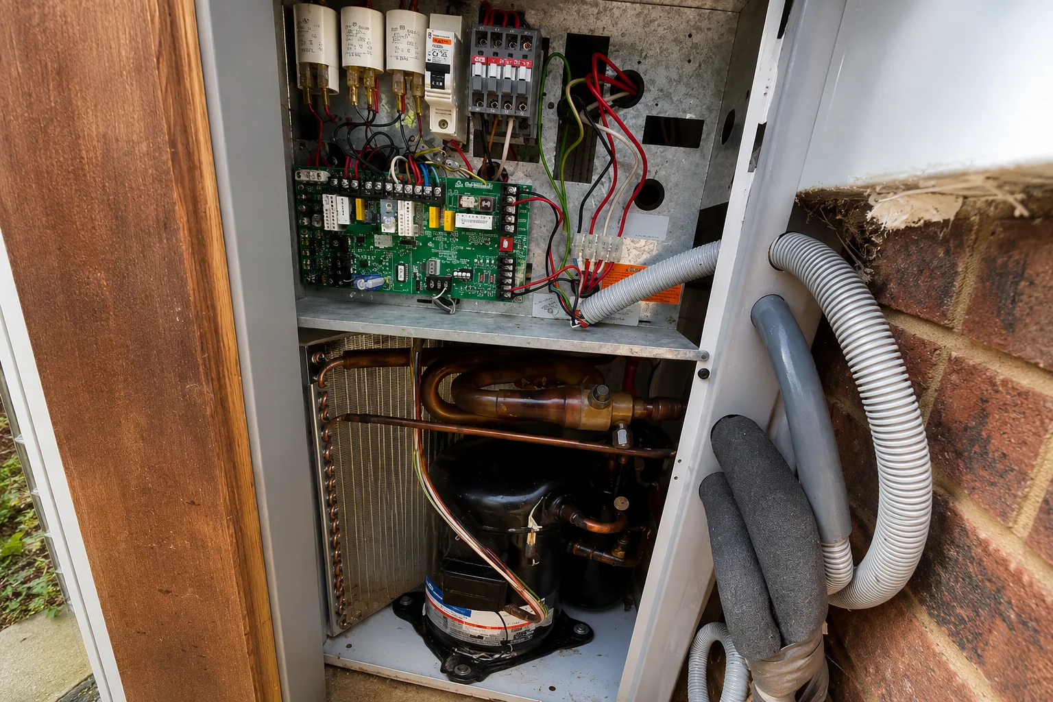 Outdoor condensing unit opened at a Coffs Harbour property, showing capacitors, a circuit breaker and contactors above the green control board, with the condenser coil, compressor and insulated pipework below