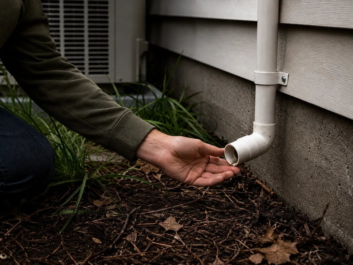 Person kneeling beside the outdoor unit of a split system air conditioner, holding an open palm under the external condensate drain outlet to check for water flow