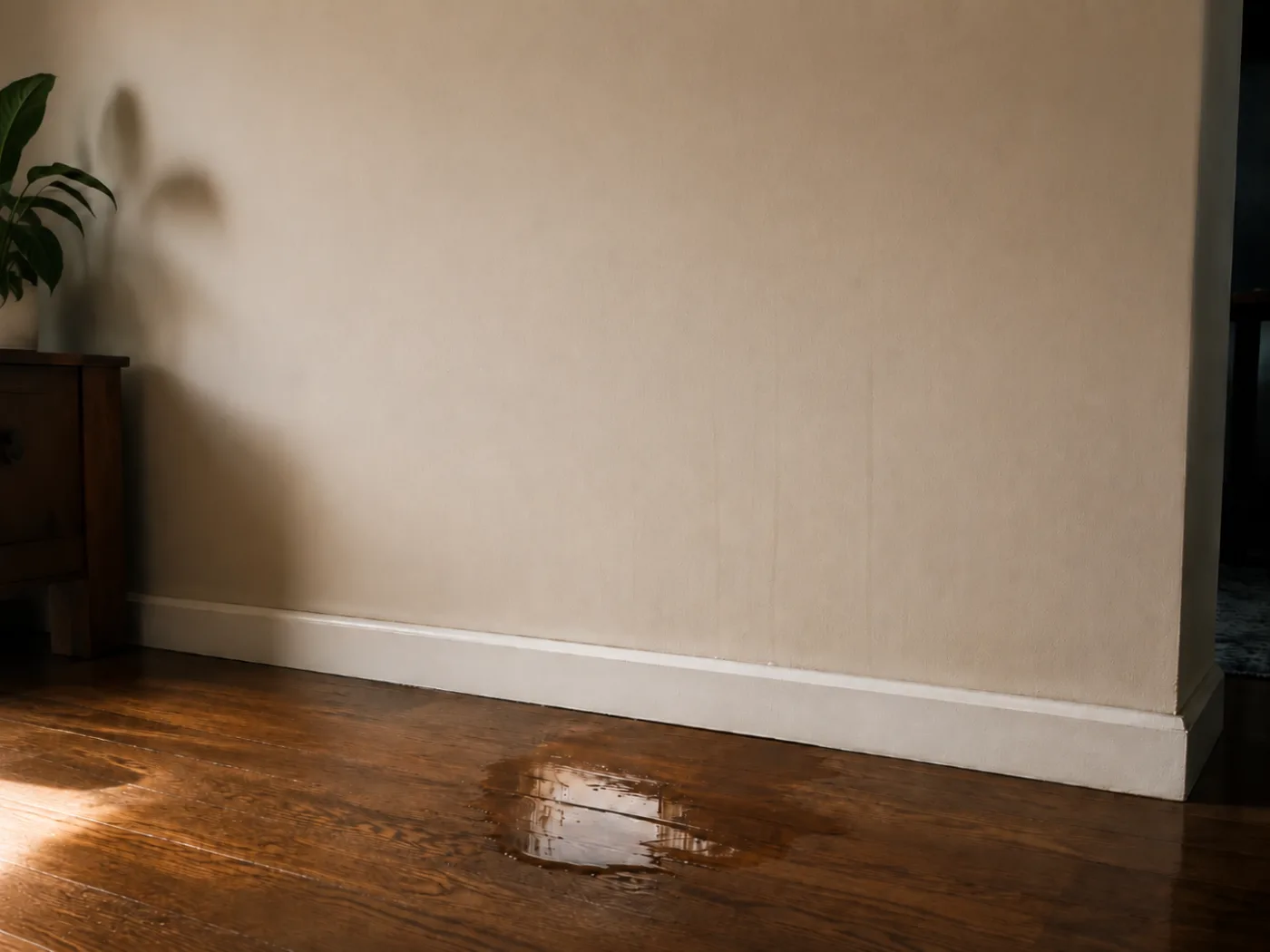 Small puddle of water on a hardwood floor at the base of an interior wall, the kind of quiet condensate leak that shows up before the leak itself is visible on the air conditioner