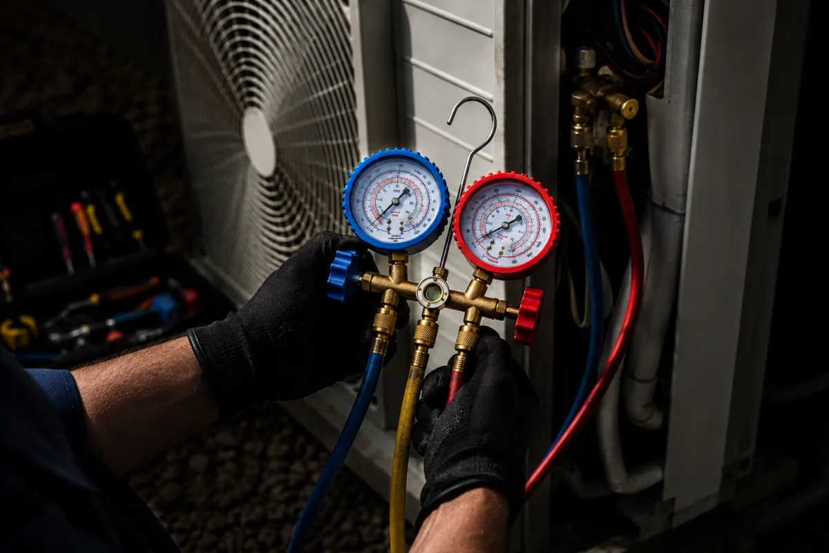 Technician's gloved hands operating refrigerant manifold gauges with blue, yellow, and red hoses connected to an outdoor air conditioning unit during a leak diagnosis