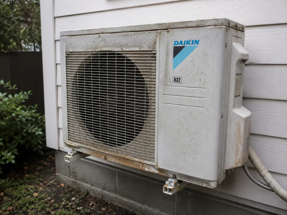Weathered Daikin R32 split system outdoor unit bracket-mounted on a weatherboard wall at a Coffs Harbour home, showing rust staining and salt grime across the casing and fan grille