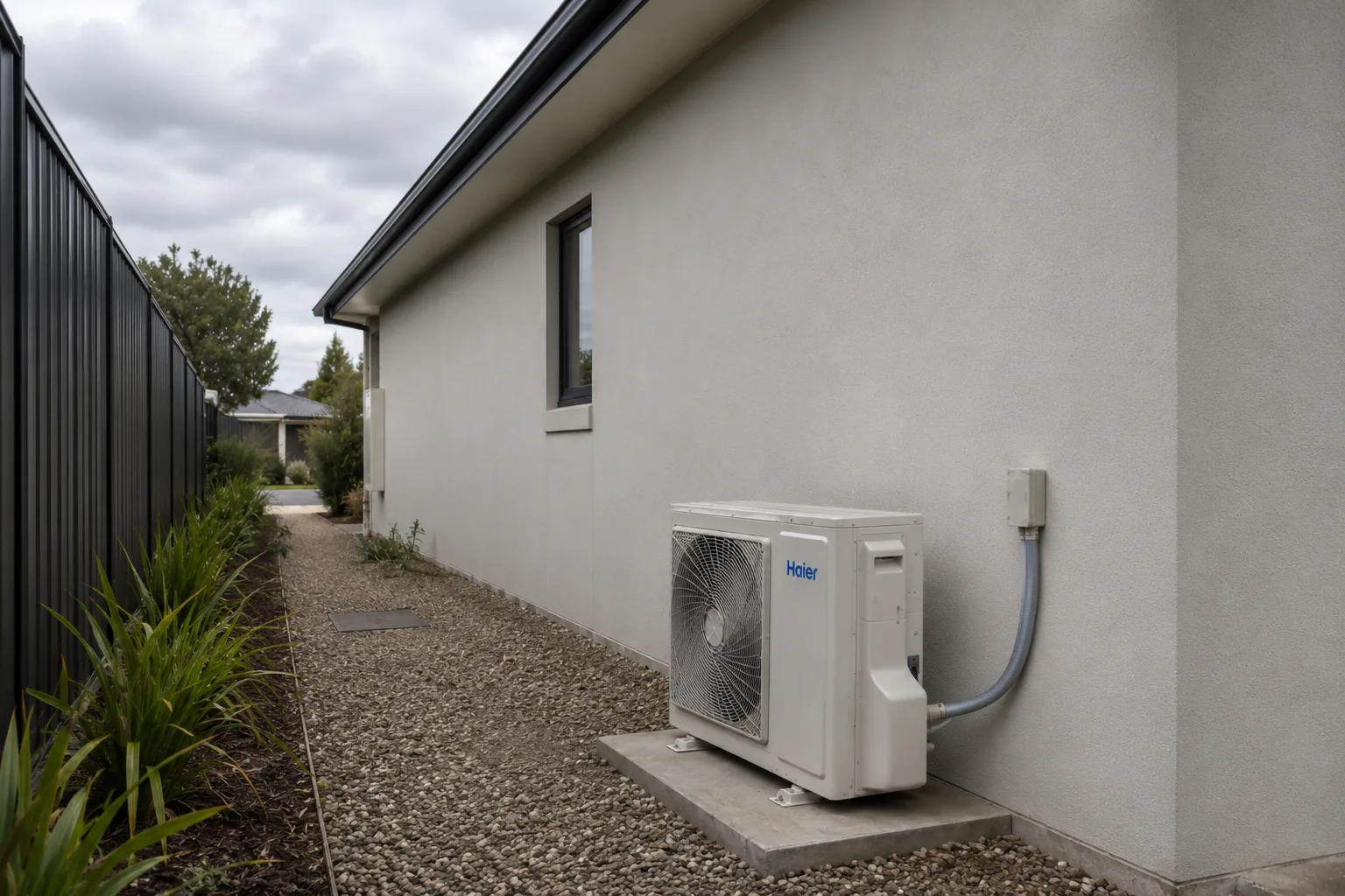 White split system outdoor unit installed on a concrete pad against a rendered wall, with clear airflow around it and a gravel garden bed alongside