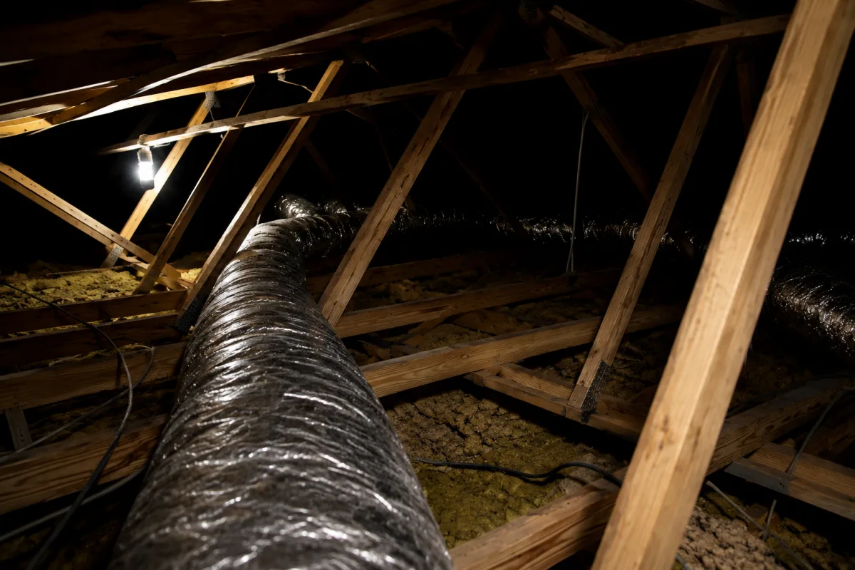 Insulated flexible ductwork running through a wooden-truss roof cavity with a work lamp illuminating the space, showing the reality of retrofitting ducted air conditioning into an existing home