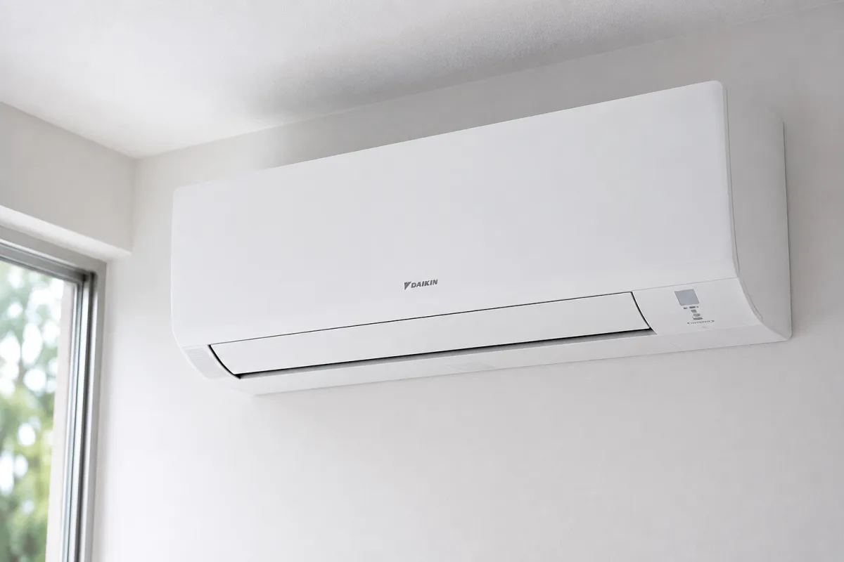Clean white Daikin wall-mounted split system air conditioner installed in a bright modern room, representing single-room split system coverage