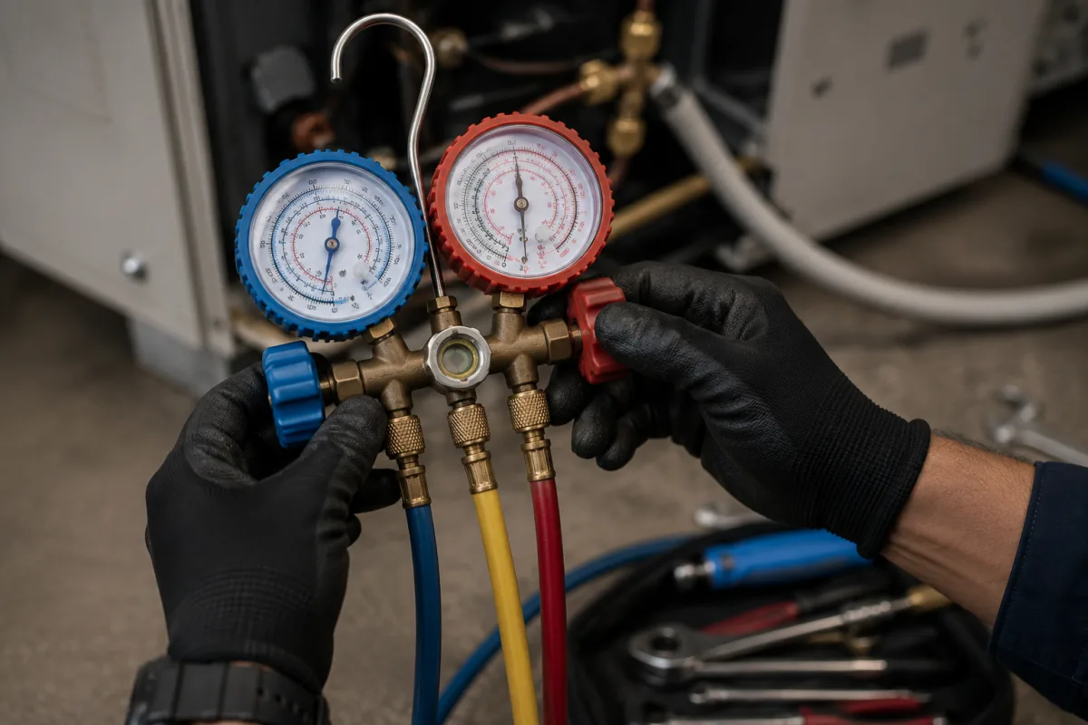 Technician's black-gloved hands holding refrigerant manifold gauges with blue, yellow, and red hoses during commissioning of an air conditioning system