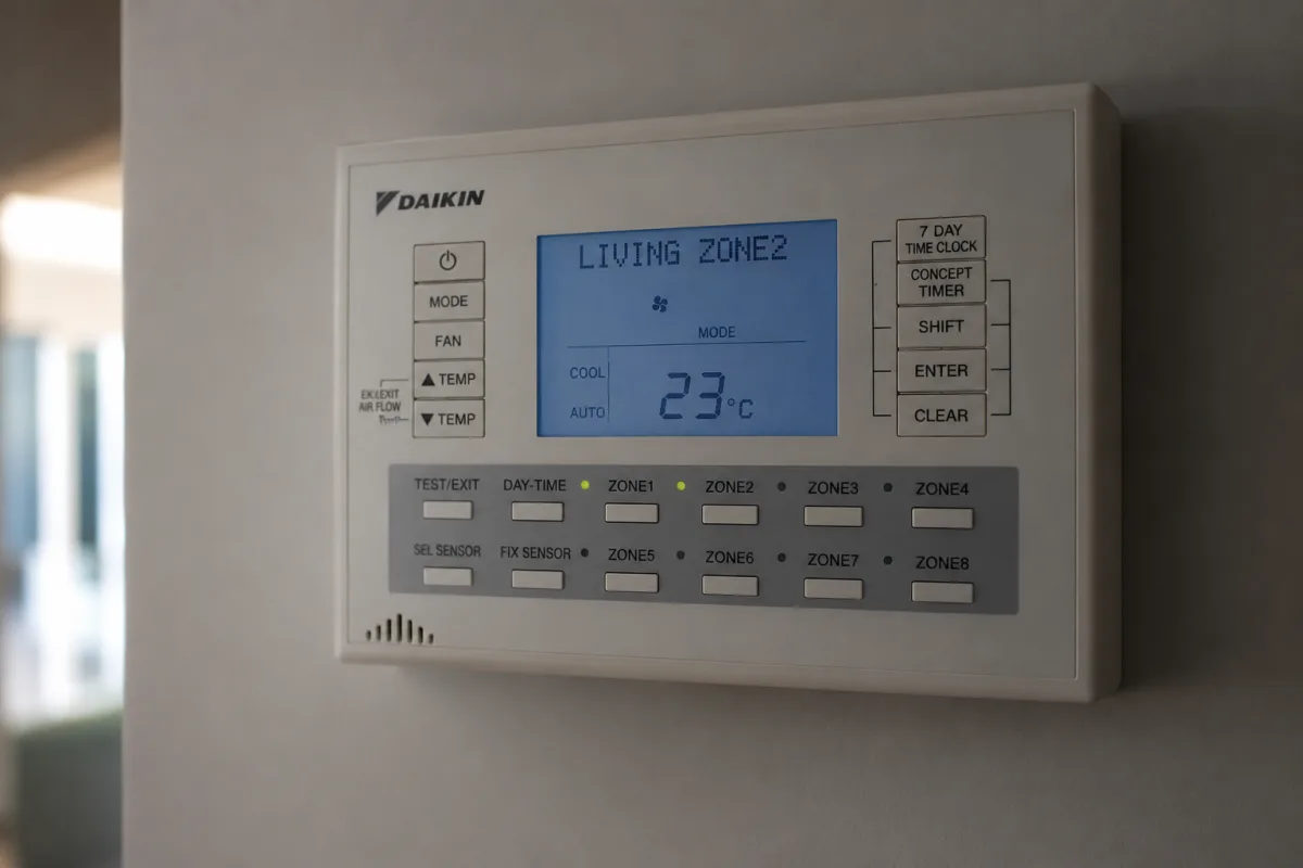 Daikin wall-mounted ducted air conditioning zone controller showing Living Zone 2 selected at 23 degrees Celsius with individual zone buttons for zones 1 to 8