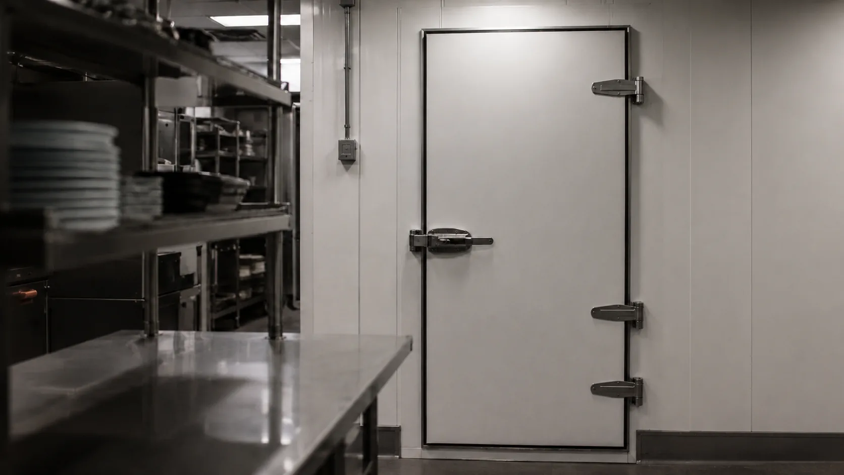Closed insulated cool room door in a commercial kitchen, showing heavy stainless hinges, latch and the perimeter door seal
