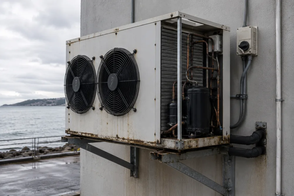 Rusted, salt-worn commercial condensing unit mounted on a coastal building with the ocean in the background, showing how salt-laden air corrodes cool room refrigeration equipment on the Coffs Coast