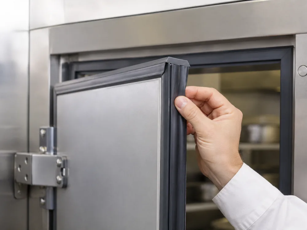 Hand inspecting a black rubber gasket around a stainless steel cool room door, checking for wear and warm-air leaks that force the compressor to work harder