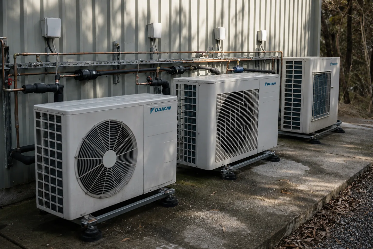 Three Daikin outdoor air conditioning units installed on a concrete pad against a commercial building, refrigerant piping connecting into the wall