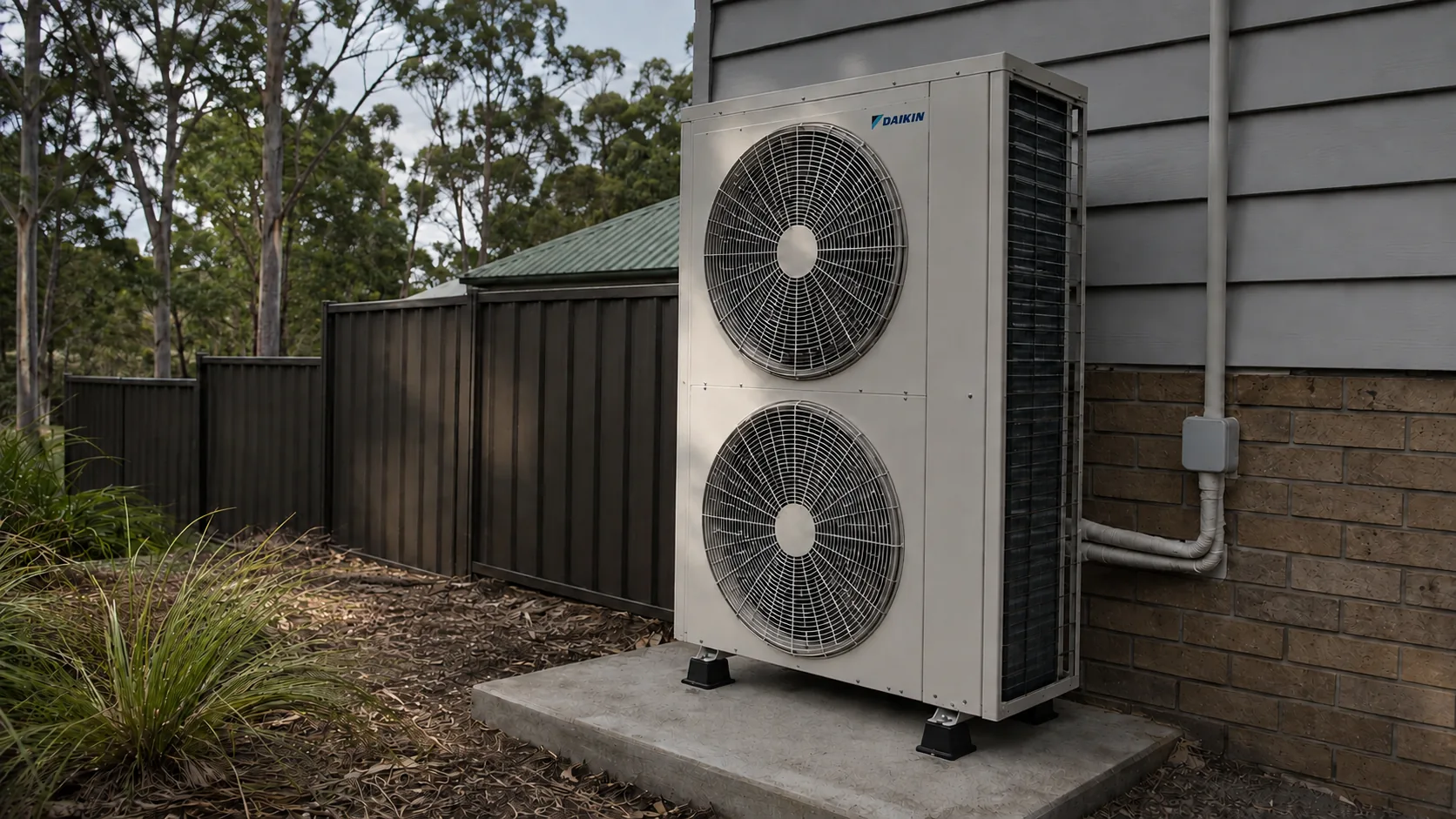Daikin outdoor air conditioning unit installed on a concrete pad next to an Australian home, twin fans visible, native gum trees in the background