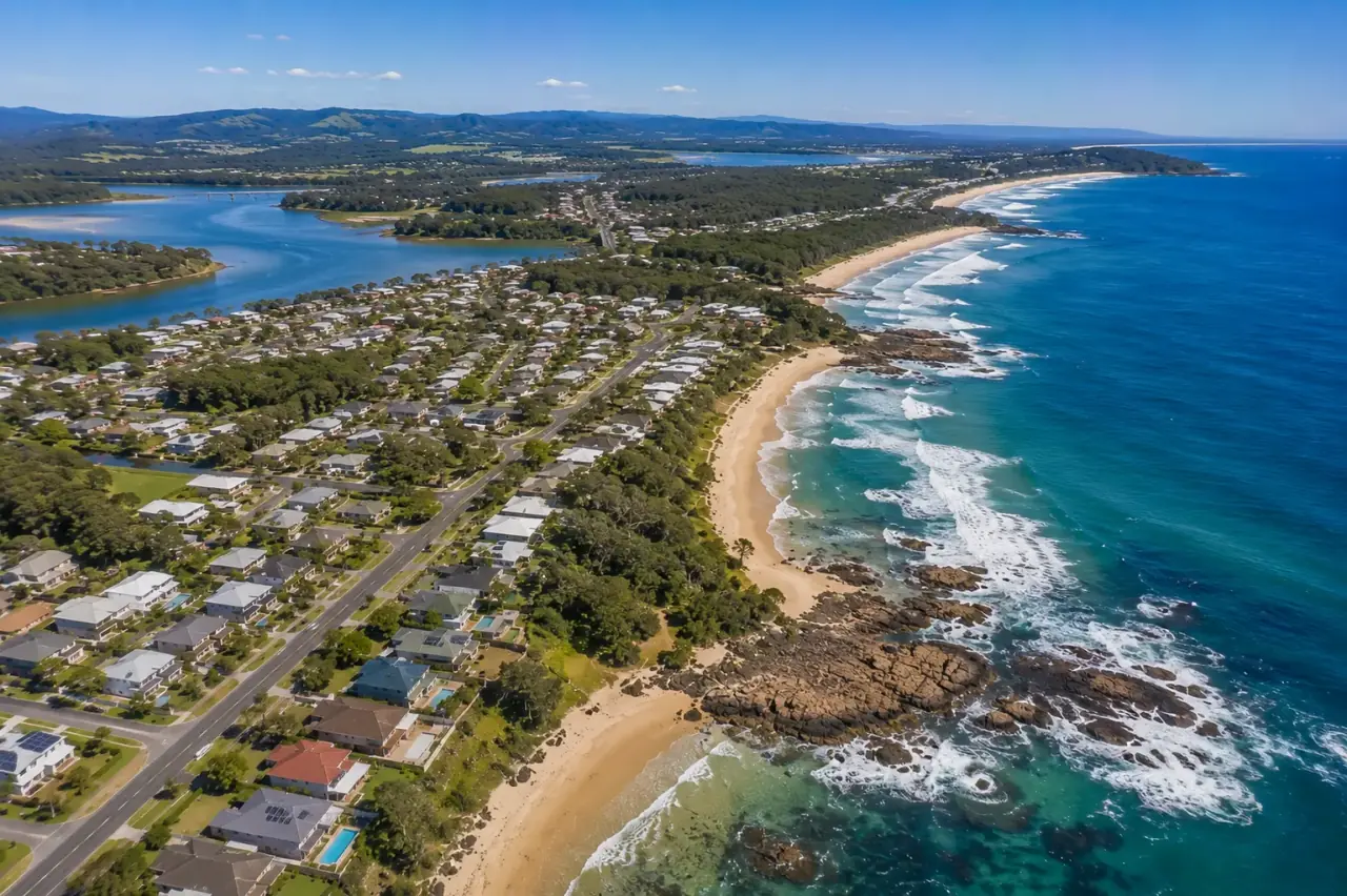 Aerial view of Moonee Beach NSW, FHC Refrigeration service area