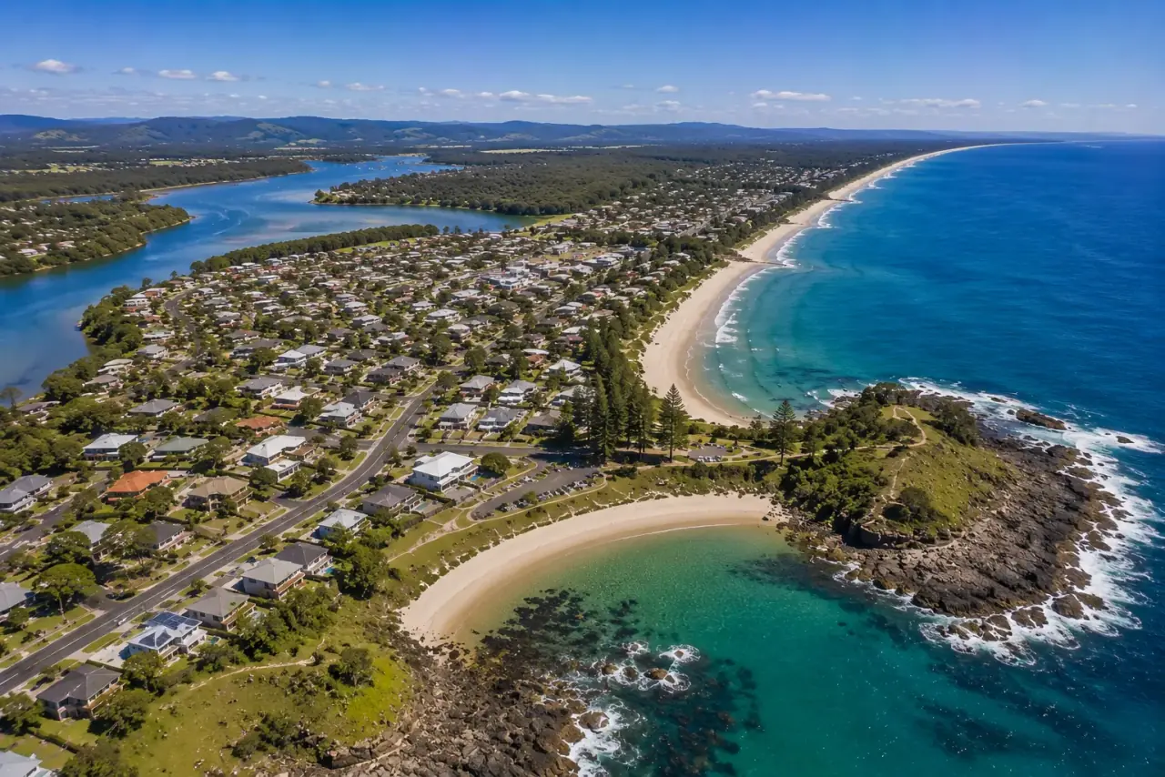 Aerial view of Woolgoolga NSW, FHC Refrigeration service area